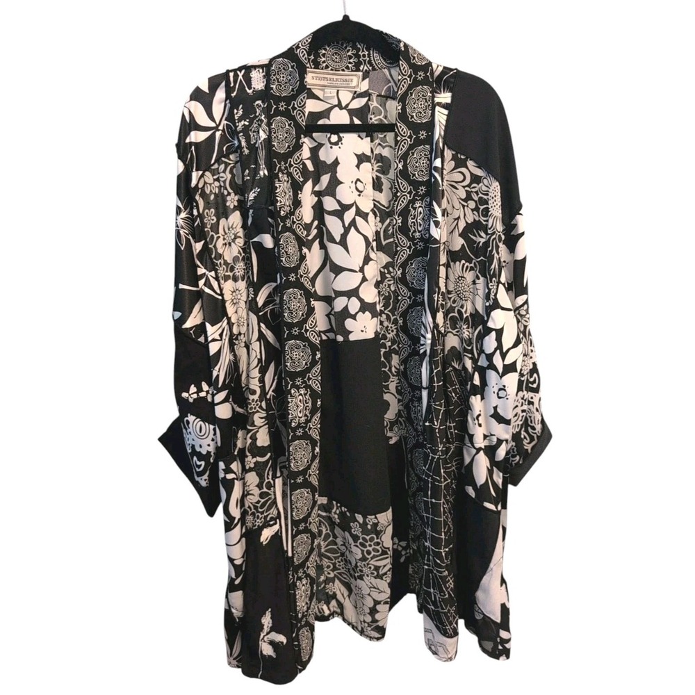 VTG Stijfselkissie Marijke Benedict Silk Linen Velvet Art B&W Kimono Coat ‎ Lg